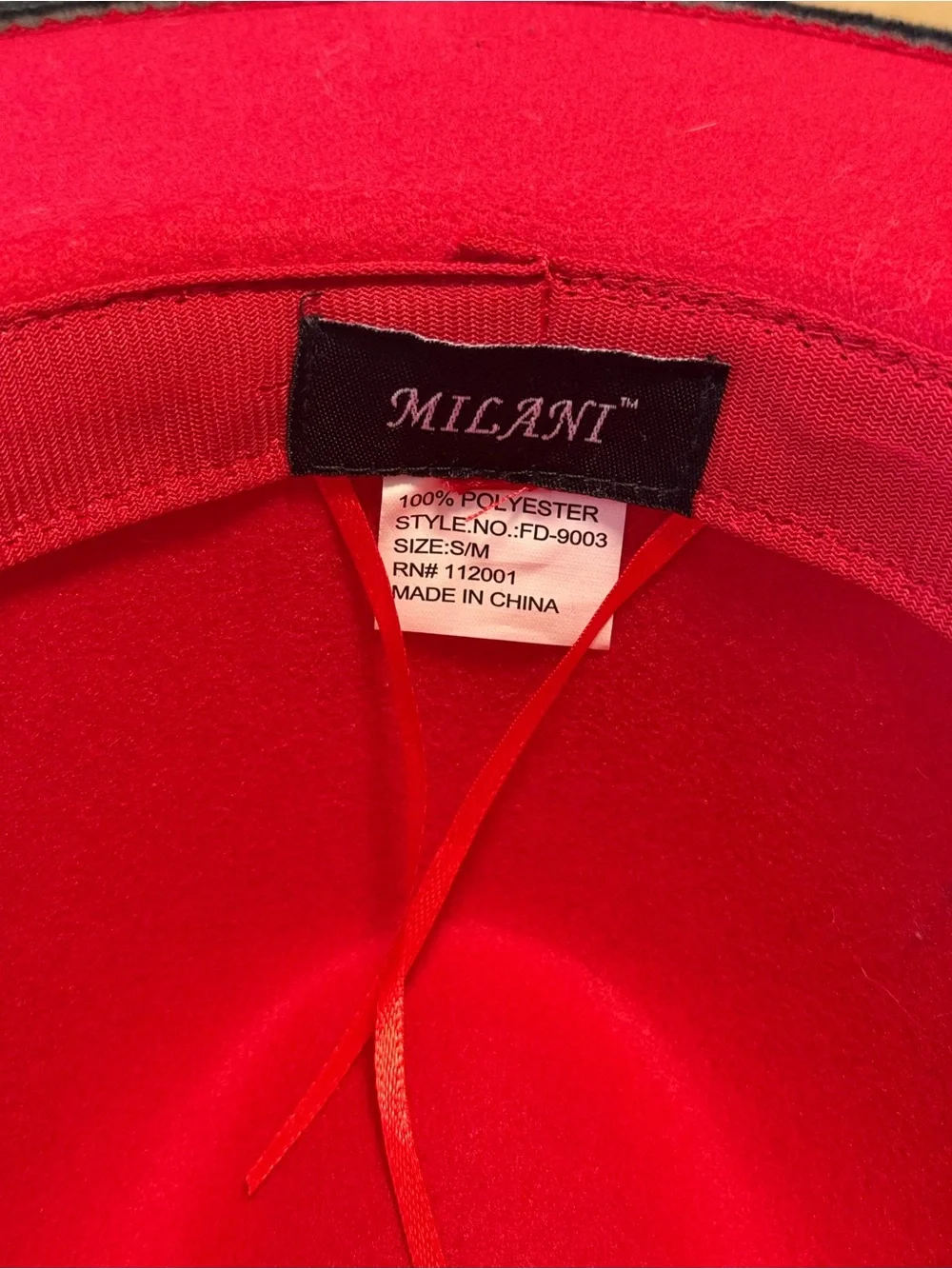 Milani Black Wide-Brim rancher, fedora hat red interior Faux felt BoHo western